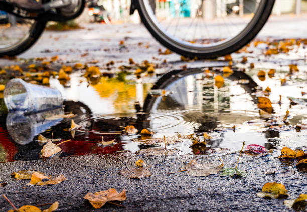 istock Puddle with colored autumn leaves and reflections in which a bicycle is passing 1984452050