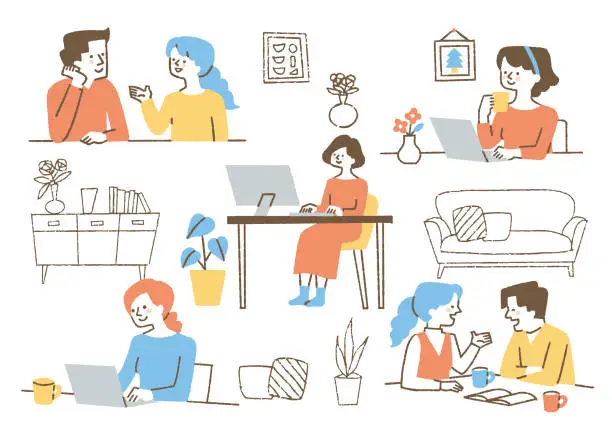 Vector illustration of Set of people working at home_Color