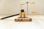 Family figure, scales of justice, gavel and book with words FAMILY LAW on table, closeup