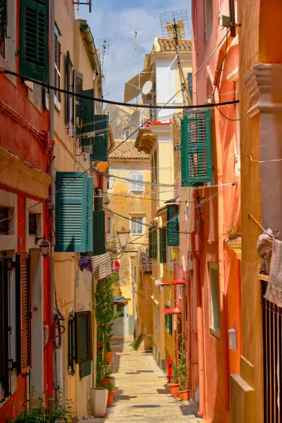 View of a typical alley in Corfu Town, vertical