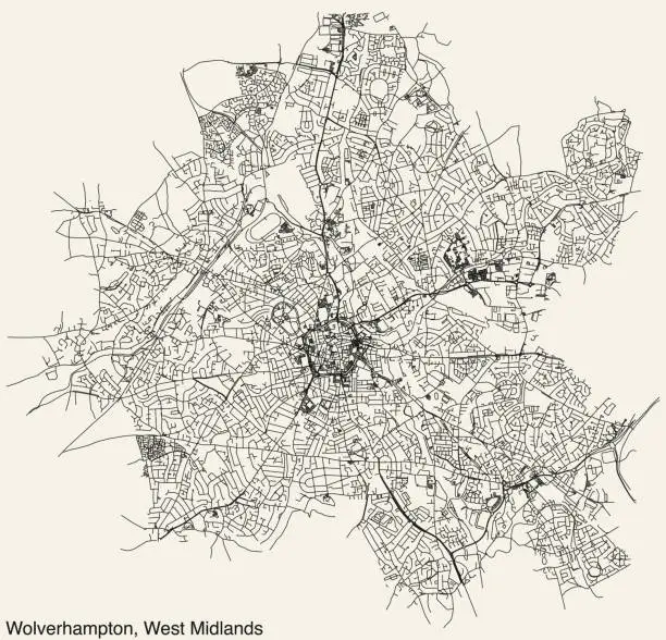 Vector illustration of Street roads map of the METROPOLITAN BOROUGH AND CITY OF WOLVERHAMPTON, WEST MIDLANDS