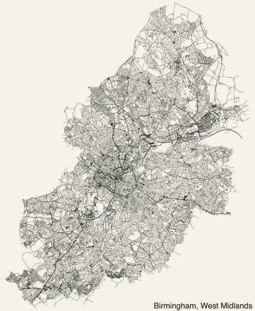 Vector illustration of Street roads map of the METROPOLITAN BOROUGH AND CITY OF BIRMINGHAM, WEST MIDLANDS