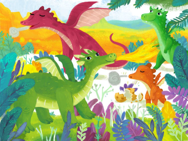 istock cartoon scene with different smiling dinos dinosaurs in the jungle primitive prehistoric funny illustration for children 1984506545