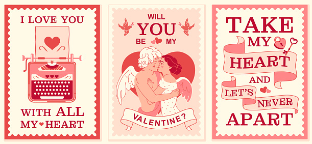 Valentine's day postcard collection. Retro greeting graphic with angel's kiss, old typewriter and love message. Blush pink poster or valentine. Vintage romantic couple hugging and kissing.