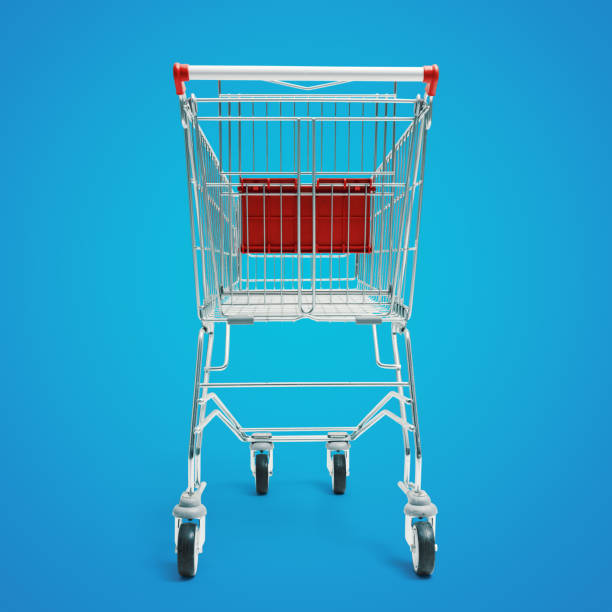 Empty small supermarket shopping cart: grocery shopping and retail concept