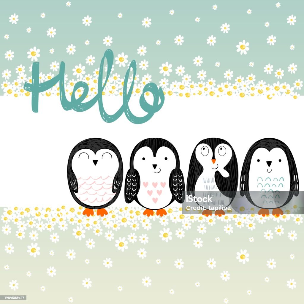 Spring Time Penguins Vector Cartoon Penguins Stock Illustration - Download Image Now ...