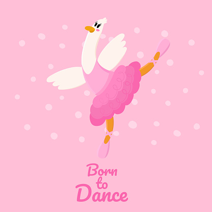 Ballerine goose. Hand draw illustration of a character in a tutu dancing ballet. Goose  in dance pose. Born to dance.