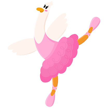 Ballerine goose. Hand draw illustration of a character in a tutu dancing ballet. Goose  in dance pose. Born to dance.