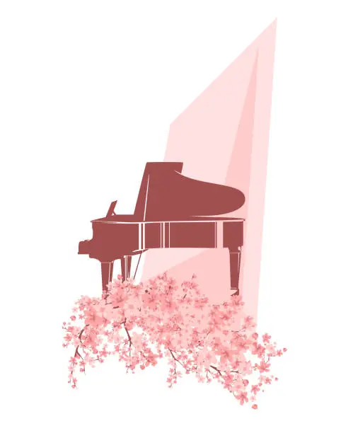 Vector illustration of grand piano musical instrument and pink sakura flower branches vector design