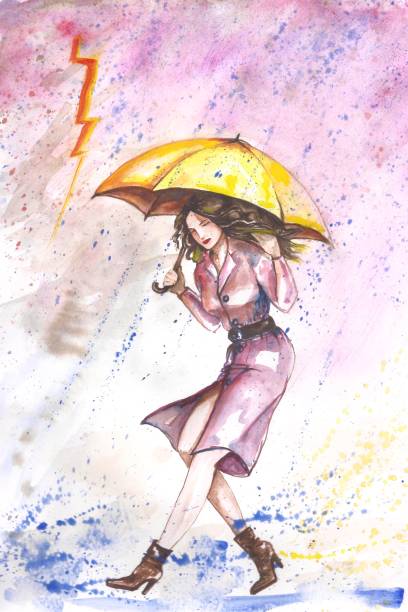 ilustrações, clipart, desenhos animados e ícones de mulher aquarela segurando guarda-chuva correndo sob chuva e flash sob nuvens roxas - high heels flash