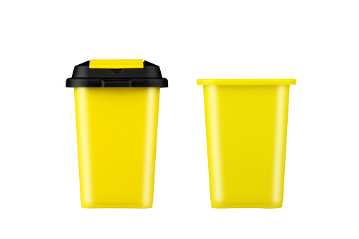 Yellow trash can. With and without a lid. Isolated on white background. Garbage recycling.