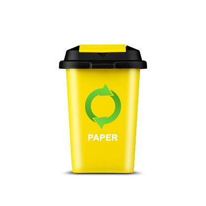 Yellow trash can. With a recycling icon. Isolated on white background. Garbage recycling. Recycling.