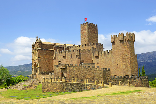 Javier Castle - Impressive 10th century Javier castle in Navarra, Spain - a massive stone castle with many towers, battlements and a castle church