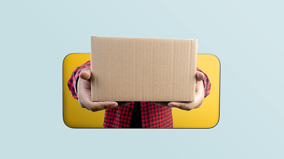 Human hand coming out from mobile phone screen for packet delivery with a colored background. Delivery service concept