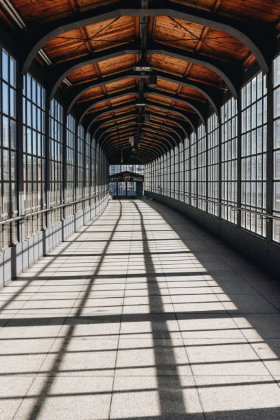 S-Bahn station Friedrichstrasse in Berlin in sunlight and shadows with vanishing point