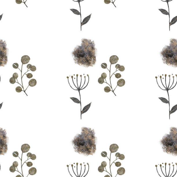 illustrations, cliparts, dessins animés et icônes de seamless watercolor floral pattern in gray and gold colors - autumn branch leaf backgrounds