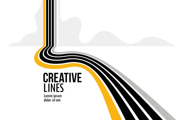 Vector illustration of Future lines in 3D perspective vector abstract background, black and yellow linear composition, road to horizon and sky concept, optical illusion op art.