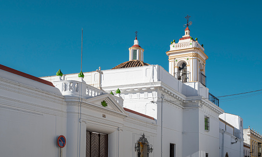 View of the main façade of the Madre de Dios convent in the town of Jerez de los Caballeros, Spain