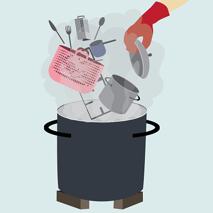 A gloved hand dips into a huge pot, a boiler of boiling water full of steam, a lid of a pot and a cooking pot and a sum in a basket, a fork, a spoon, a scraper, a knife, a metal base for stoves and pots, and more. As part of the preparations for Passover. Disgust the dishes and clean them and prepare them for the Jewish holiday