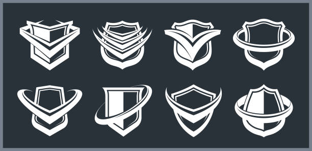 set of different designs of shields for branding, ammo protection symbols collection, antivirus or sport theme, insurance or guarantee. - chevron military protection achievement stock illustrations