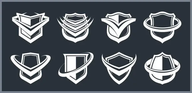 Vector illustration of Set of different designs of shields for branding, ammo protection symbols collection, antivirus or sport theme, insurance or guarantee.