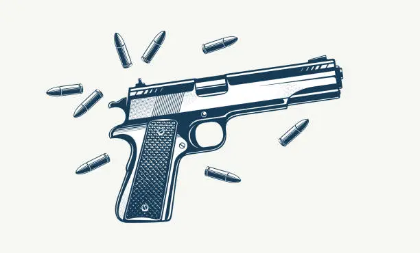 Vector illustration of Detailed shotgun and bullets vector illustration in a classic graphic design style, beautiful gun drawing.