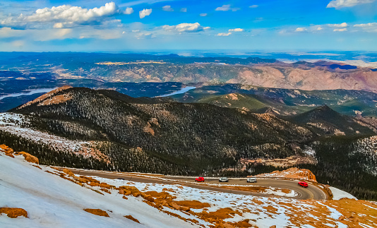 Panorama from the mountain, Road to the snow-capped mountain Pikes Peak, Colorado, USA