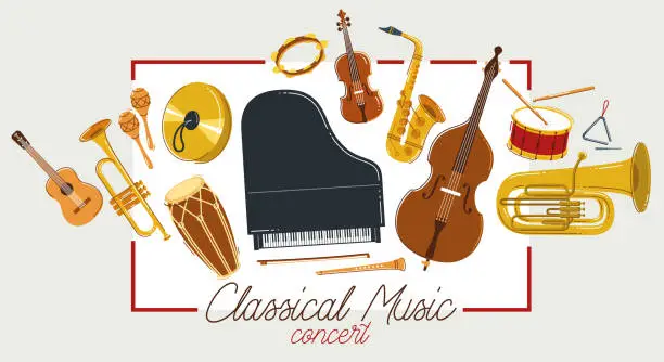 Vector illustration of Classical music instruments poster vector flat style illustration, classic orchestra acoustic flyer or banner, concert or festival live sound, diversity of musical tools.