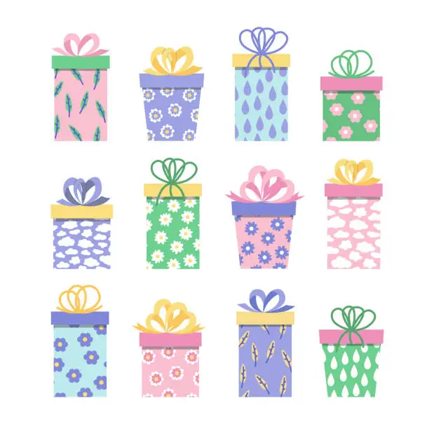 Vector illustration of Set of blue green pink gift boxes. Present box with clouds, drops, flowers, leaves and bows. Flat, cartoon, vector