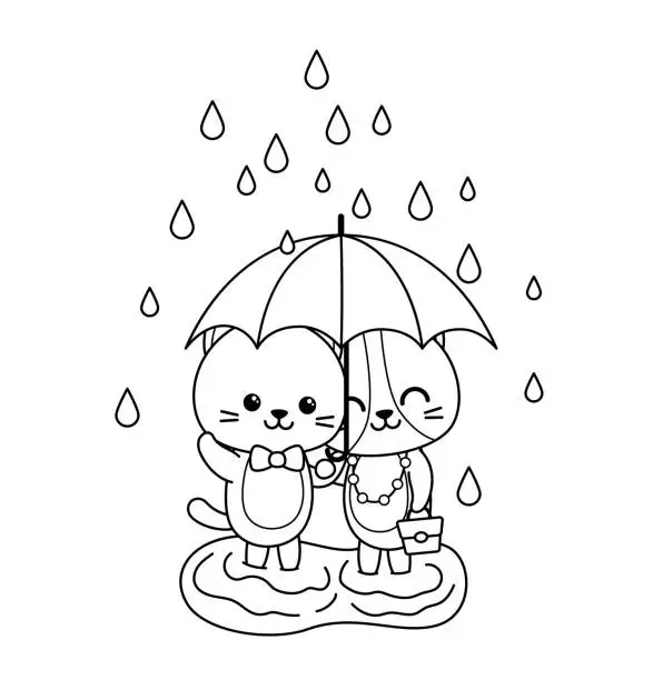 Vector illustration of Black and white. Coloring page. Kittens under umbrella. Vector