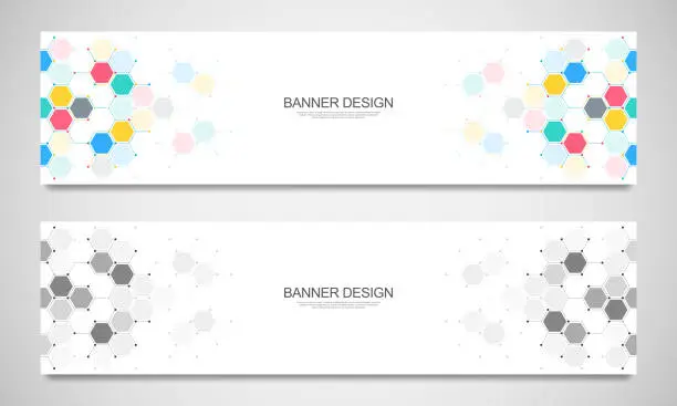 Vector illustration of Banner design templates and headers for site with molecular structures background and chemical engineering. Science, medicine and innovation technology concept.