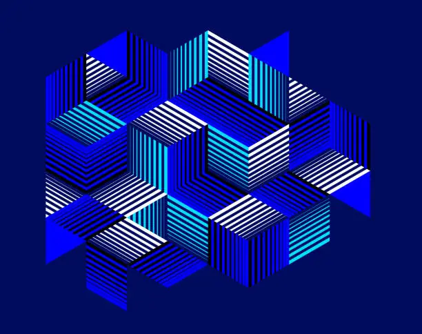 Vector illustration of Isometric 3D cubes vector abstract geometric background, abstraction art polygonal graphic design wallpaper, cubic shapes and forms lowpoly composition over dark.