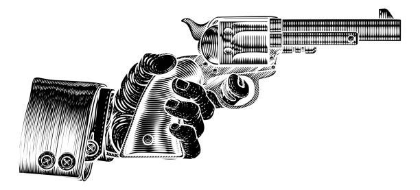 A hand in business suit holding a western cowboy gun pistol revolver in a vintage woodcut style