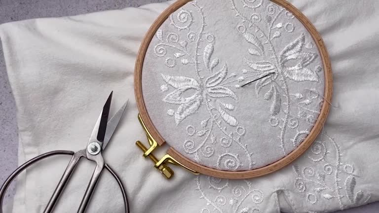 The process of embroidering a shirt with white threads on white fabric.