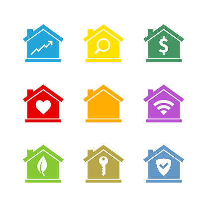 Vector real estate concept icon collection. Colored icons 128 x 128 pixel perfect. Carefully layered and grouped for easy editing.