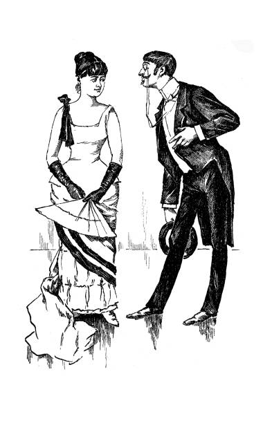 niemiecki magazyn satyryczny, dżentelmen z monoklem i woskowanymi wąsami flirtuje z młodą kobietą w eleganckiej sukni wieczorowej i wachlarzu - retro revival couple men elegance stock illustrations