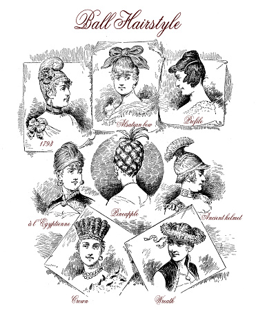 Fashion 1890 caricature and fun: clever hairstyles for a ball