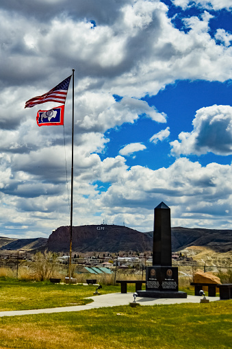 USA, Wyoming - 06 MAY 2018: - Flag of United States and Wyoming State, USA
