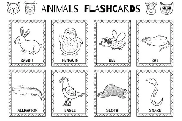 Vector illustration of Animals flashcards black and white collection for kids. Flash cards set with cute characters for coloring in outline