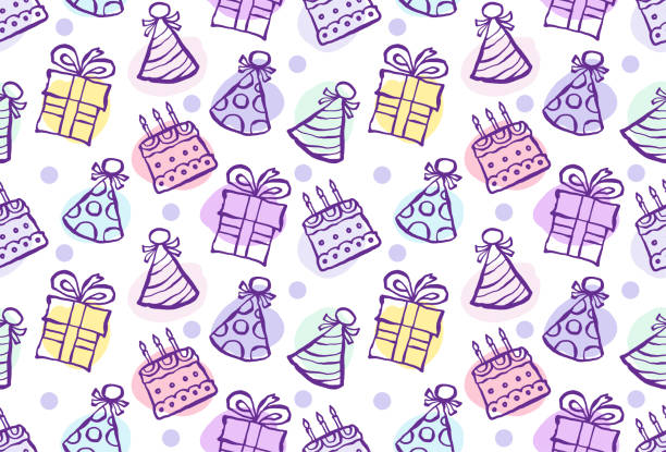 Geburtstag nahtloses Muster mit handgezeichneten Geschenken, Partyhüten und Kuchen pastellfarben – Vektorgrafik
