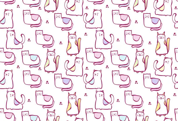 Vector illustration of Hand drawn cute cats pastel colored seamless pattern