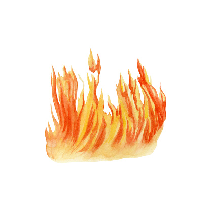 Burning fire flames. Bushfire, campfire, fire place Hand drawn element for adventure, tourism, touring, outdoors, 4x4 off-roading, camping designs. Watercolor illustration isolated on white background