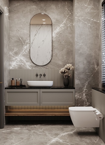 Luxury Bathroom Interior With Toilet, Mirror And Decorative Objects.
