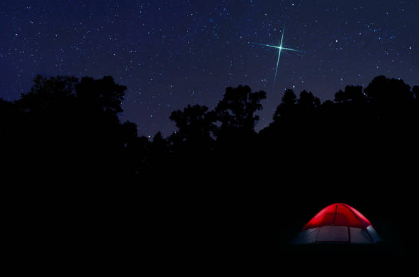Red backpacking tent pitched in a forest on a starry night