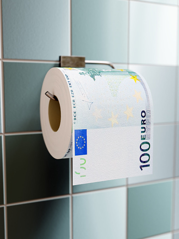3D rendering of toilet paper roll with imprinted 100 Euro on wall dispenser