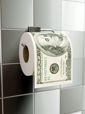 3D rendering of toilet paper roll with imprinted 100 US dollars on wall dispenser