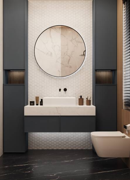 istock Luxury Bathroom Interior With Toilet, Mirror And Decorative Objects. 1984879668