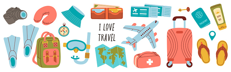 Large vector set of travel accessories. Accessories for seaside vacation, suitcases, bags, luggage, map, airplane, tickets. Flat vector illustration.