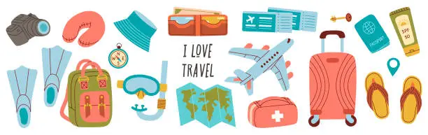 Vector illustration of Large vector set of travel accessories. Accessories for seaside vacation, suitcases, luggage, map, airplane, tickets.