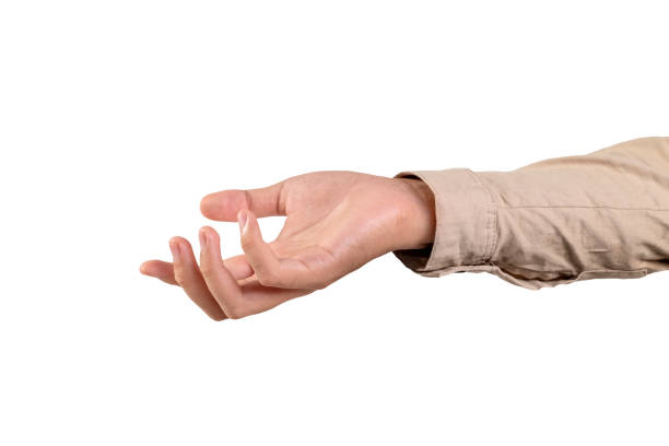 Businessman's hand with showing empty palm hand for copy space isolated over white background